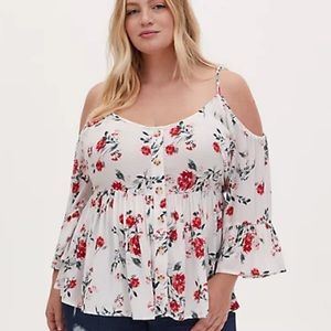 Torrid Ivory Floral Gauze Button Cold Shoulder Top